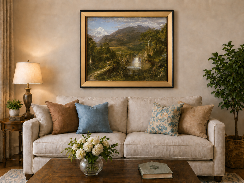 Landscape Oil Painting - Valley Snow-Capped Peak & Waterfall