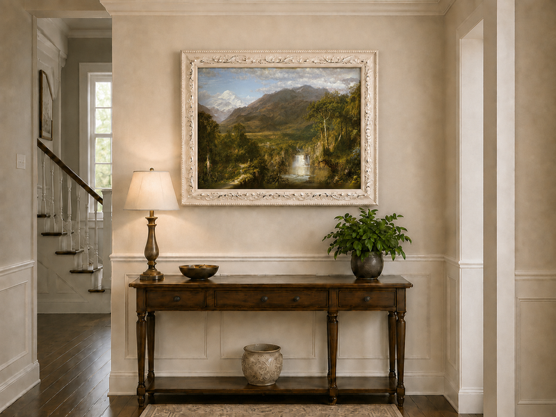 Landscape Oil Painting - Valley Snow-Capped Peak & Waterfall