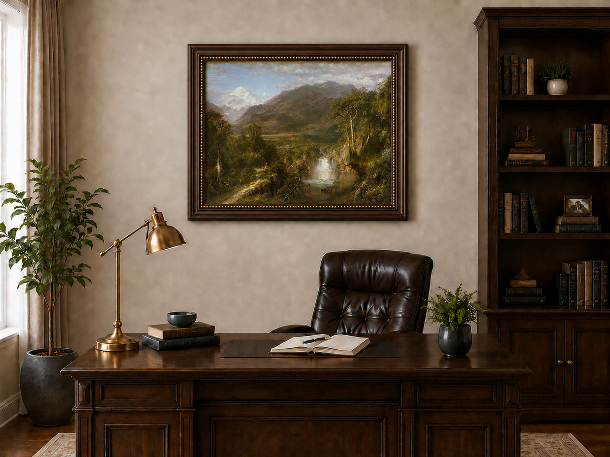 Landscape Oil Painting - Valley Snow-Capped Peak & Waterfall