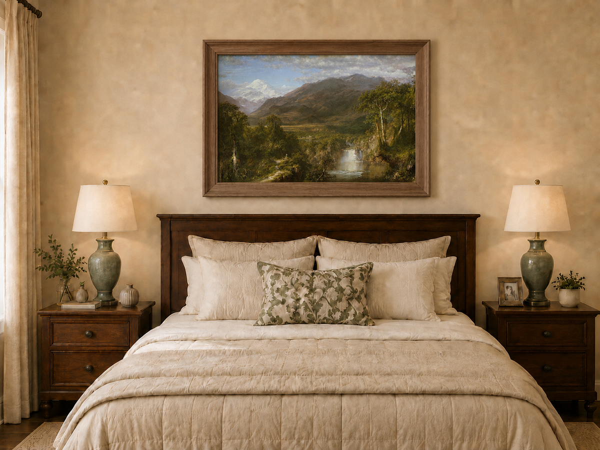 Landscape Oil Painting - Valley Snow-Capped Peak & Waterfall