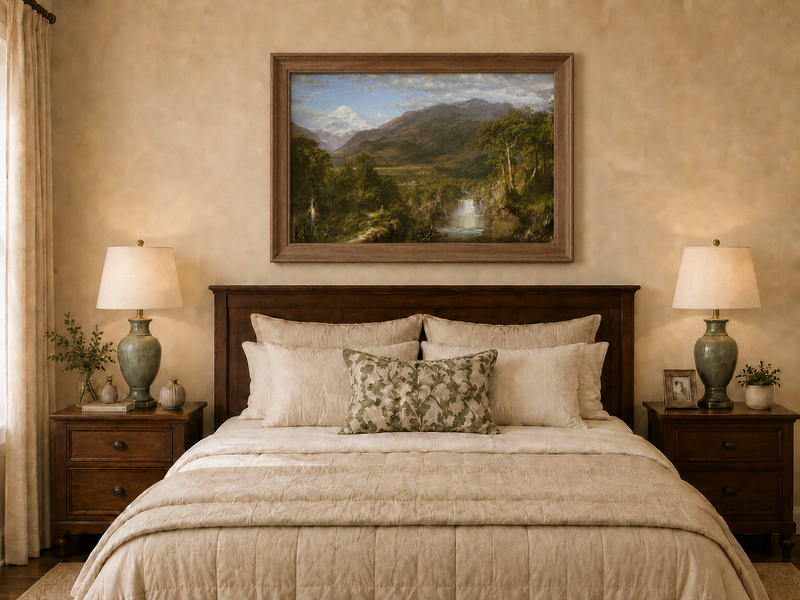 Landscape Oil Painting - Valley Snow-Capped Peak & Waterfall