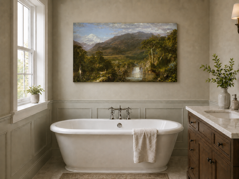 Landscape Oil Painting - Valley Snow-Capped Peak & Waterfall
