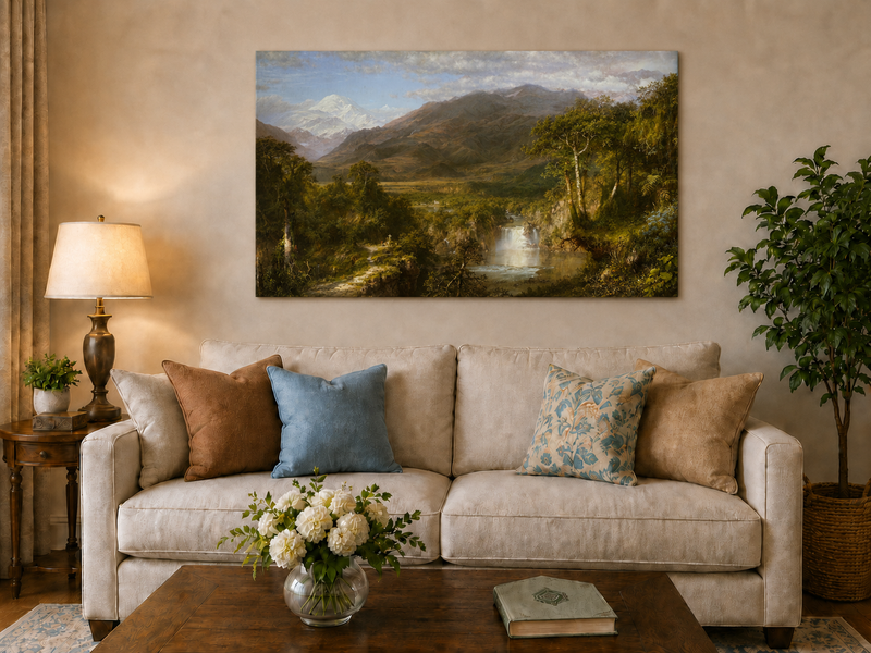 Landscape Oil Painting - Valley Snow-Capped Peak & Waterfall