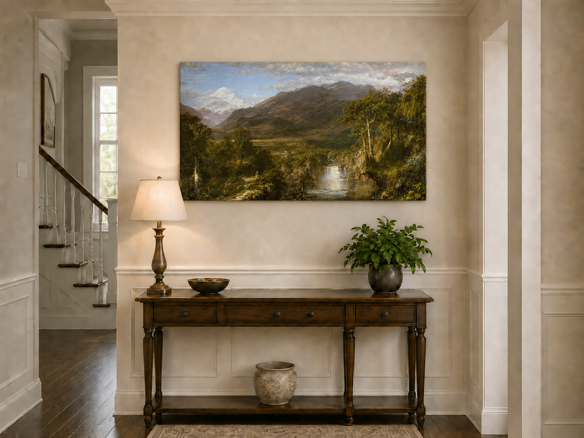 Landscape Oil Painting - Valley Snow-Capped Peak & Waterfall