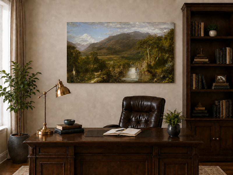 Landscape Oil Painting - Valley Snow-Capped Peak & Waterfall