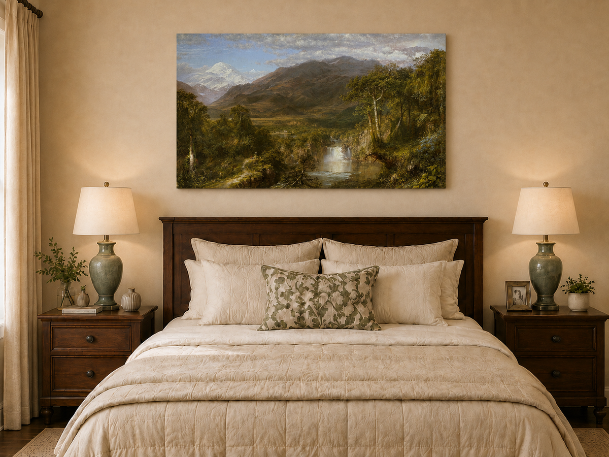 Landscape Oil Painting - Valley Snow-Capped Peak & Waterfall