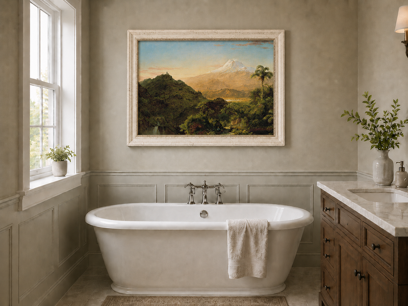 Peinture à l'huile de paysage - Vallée de montagne avec feuillage tropical et sommet enneigé