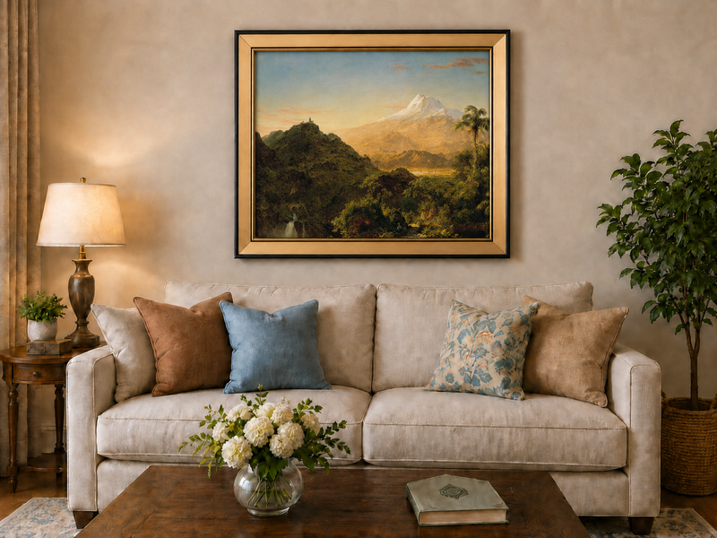Peinture à l'huile de paysage - Vallée de montagne avec feuillage tropical et sommet enneigé