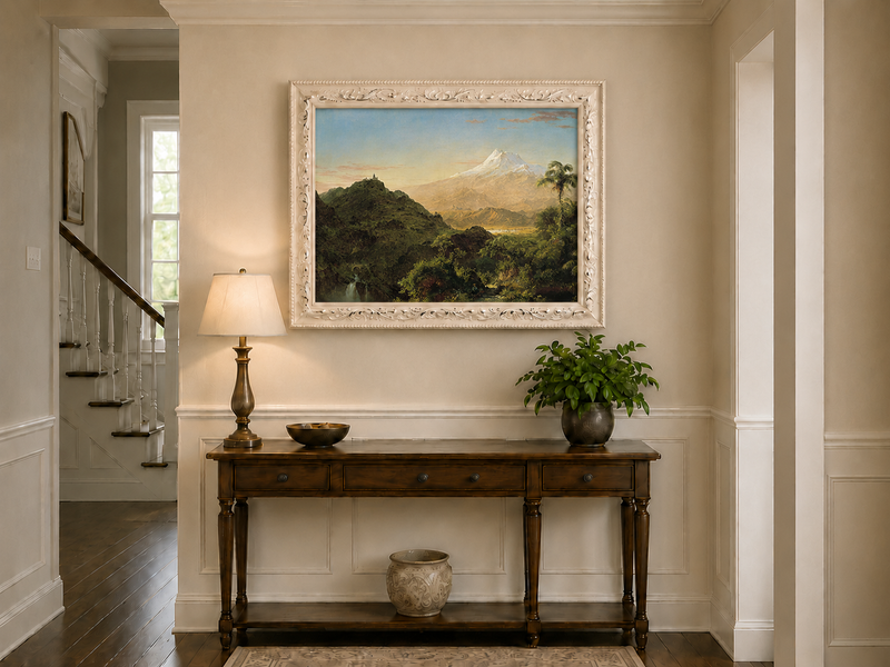 Peinture à l'huile de paysage - Vallée de montagne avec feuillage tropical et sommet enneigé