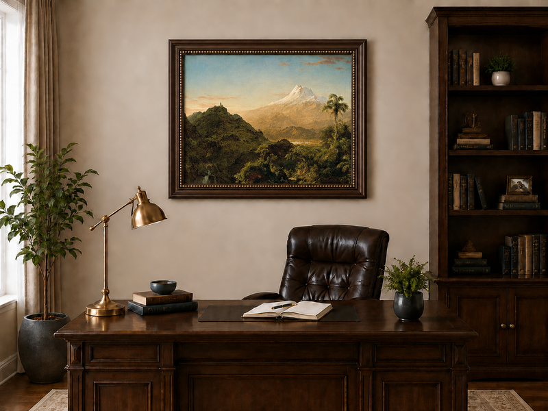 Peinture à l'huile de paysage - Vallée de montagne avec feuillage tropical et sommet enneigé