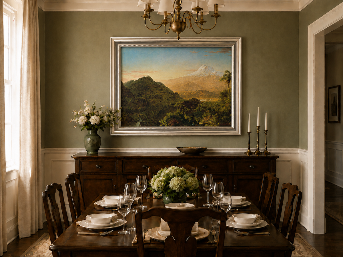 Peinture à l'huile de paysage - Vallée de montagne avec feuillage tropical et sommet enneigé