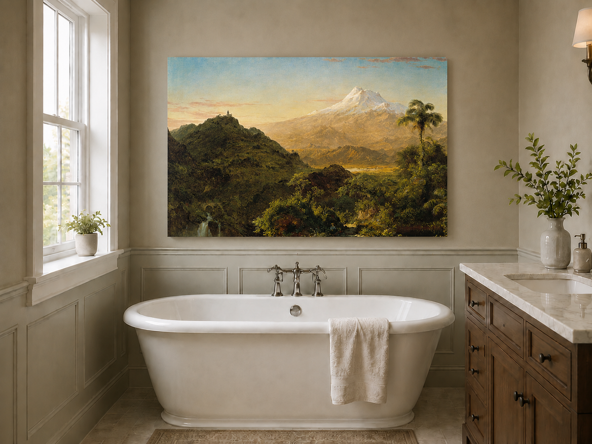 Peinture à l'huile de paysage - Vallée de montagne avec feuillage tropical et sommet enneigé