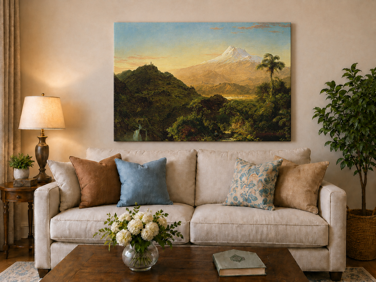 Peinture à l'huile de paysage - Vallée de montagne avec feuillage tropical et sommet enneigé