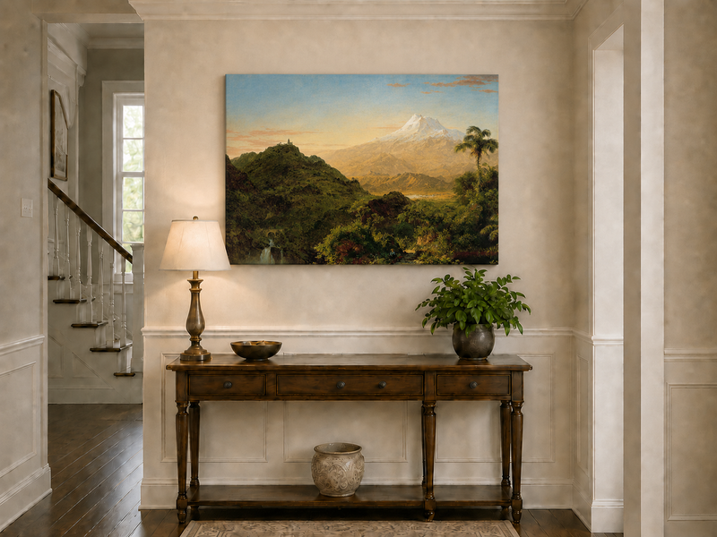 Peinture à l'huile de paysage - Vallée de montagne avec feuillage tropical et sommet enneigé