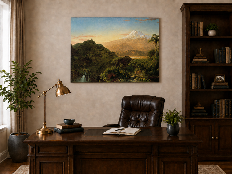 Peinture à l'huile de paysage - Vallée de montagne avec feuillage tropical et sommet enneigé