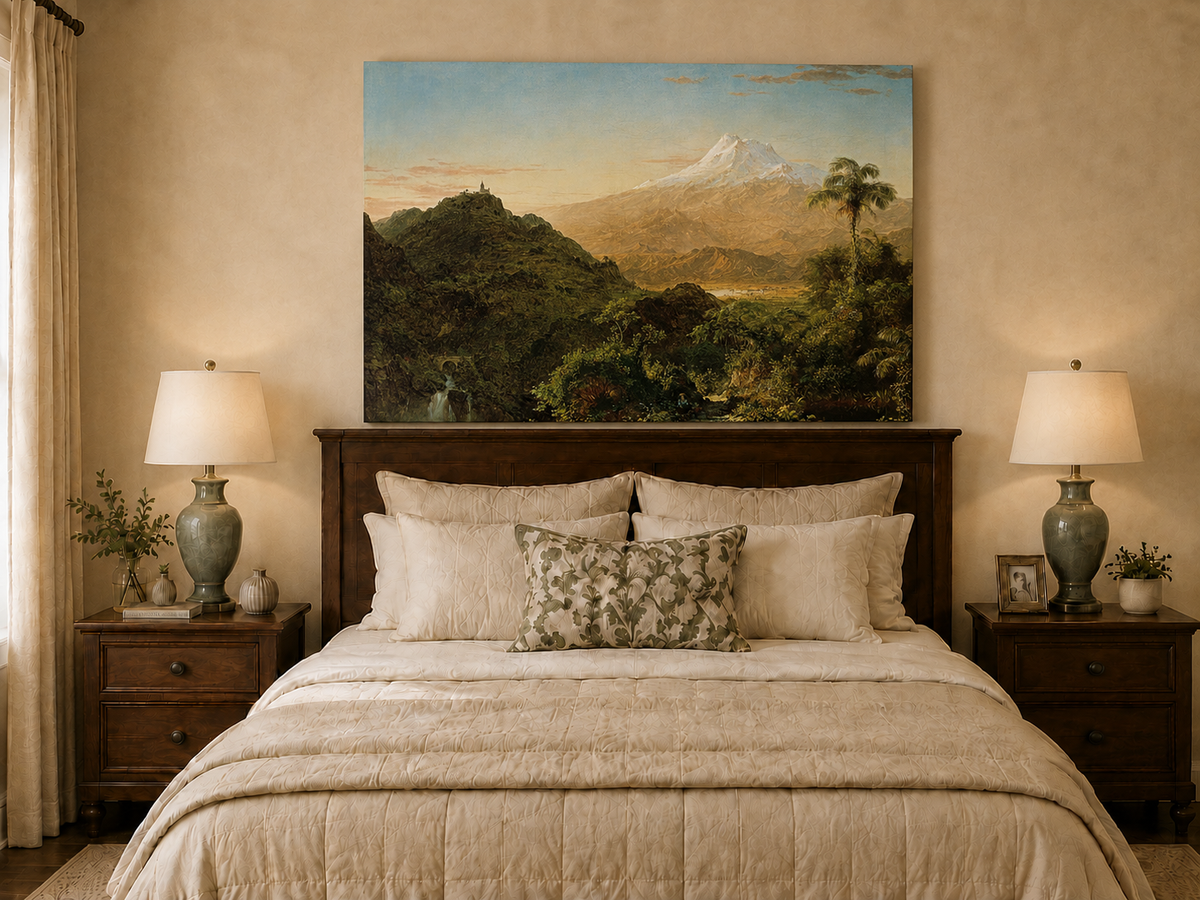 Peinture à l'huile de paysage - Vallée de montagne avec feuillage tropical et sommet enneigé