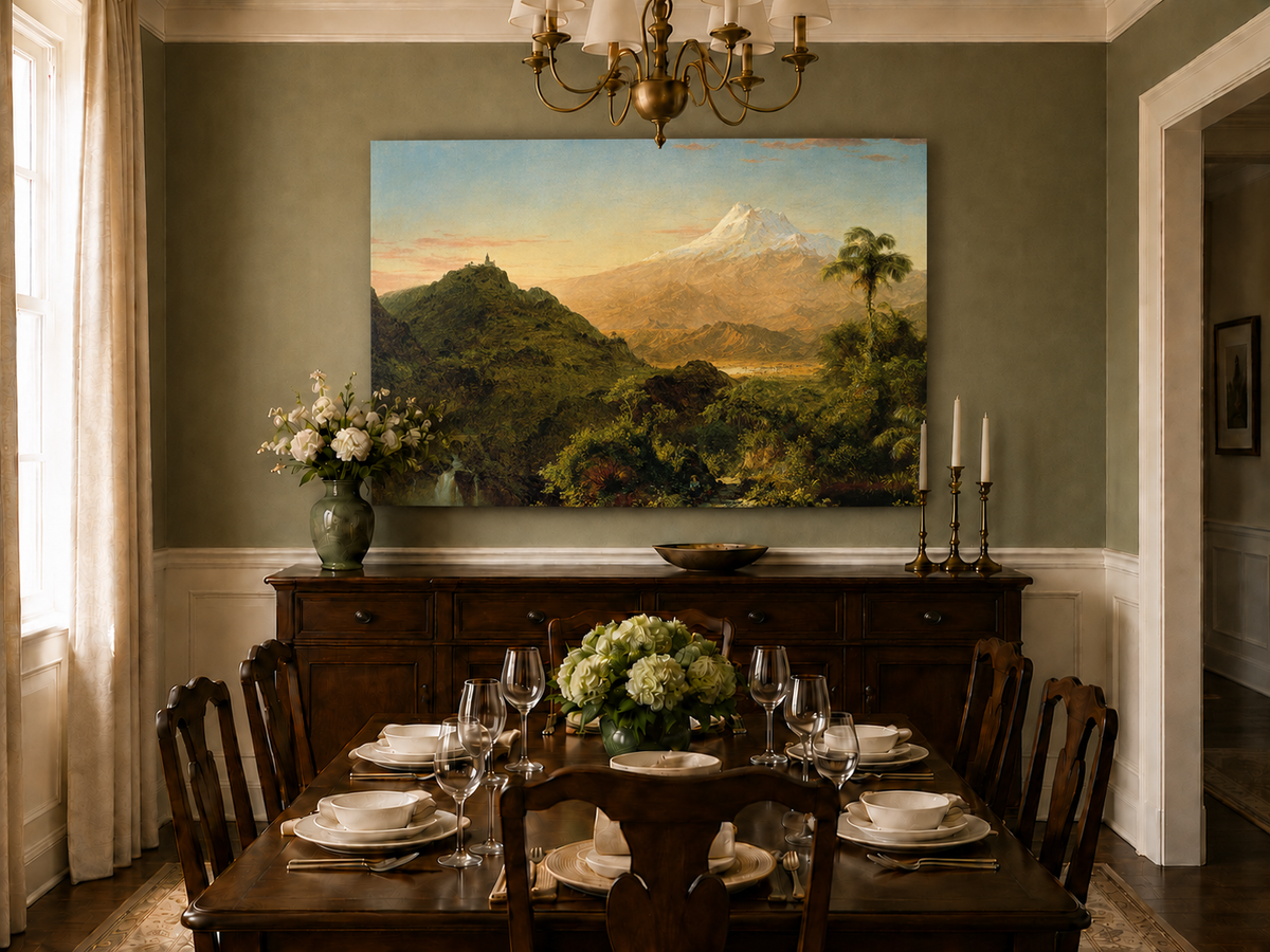 Peinture à l'huile de paysage - Vallée de montagne avec feuillage tropical et sommet enneigé