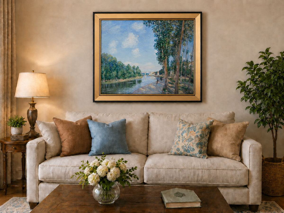 Landscape Oil Painting - Riverbank Path Tall Trees & Bridge