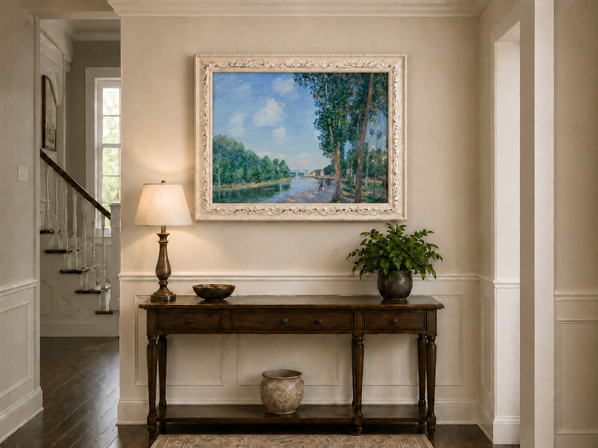 Landscape Oil Painting - Riverbank Path Tall Trees & Bridge