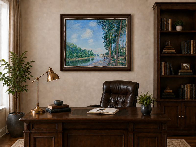 Landscape Oil Painting - Riverbank Path Tall Trees & Bridge