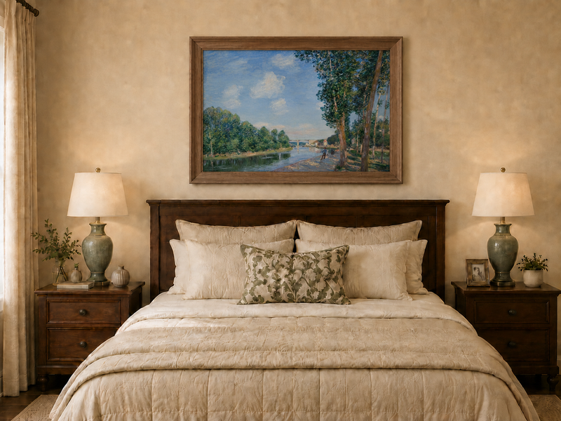 Landscape Oil Painting - Riverbank Path Tall Trees & Bridge
