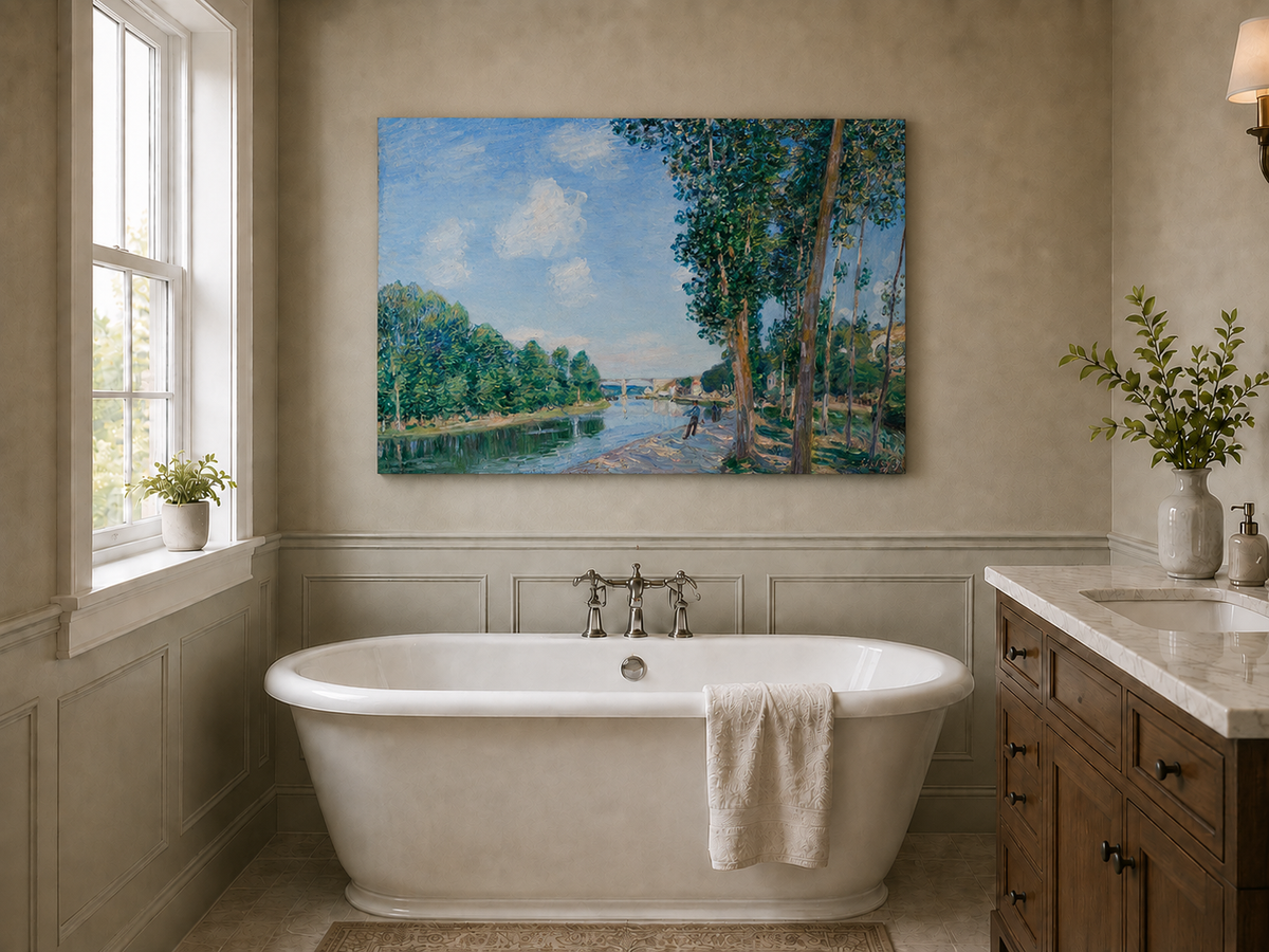 Landscape Oil Painting - Riverbank Path Tall Trees & Bridge