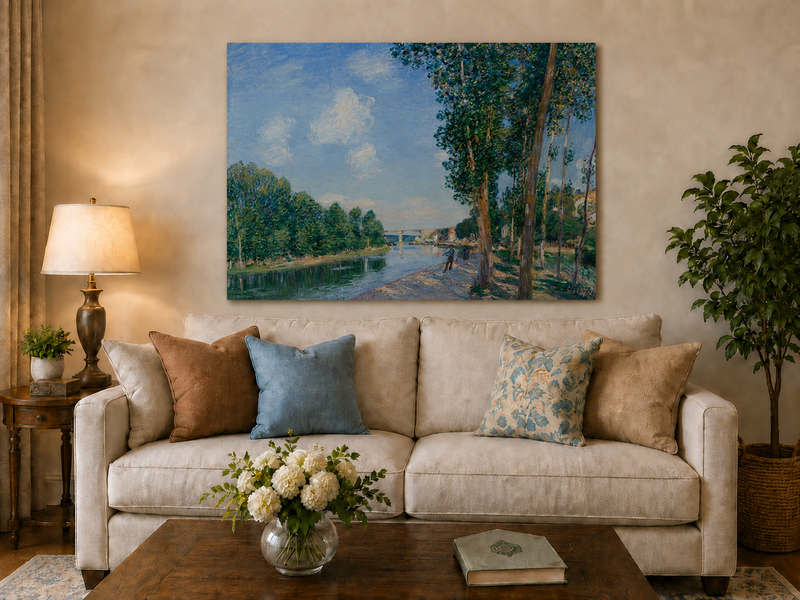 Landscape Oil Painting - Riverbank Path Tall Trees & Bridge