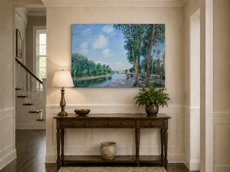 Landscape Oil Painting - Riverbank Path Tall Trees & Bridge