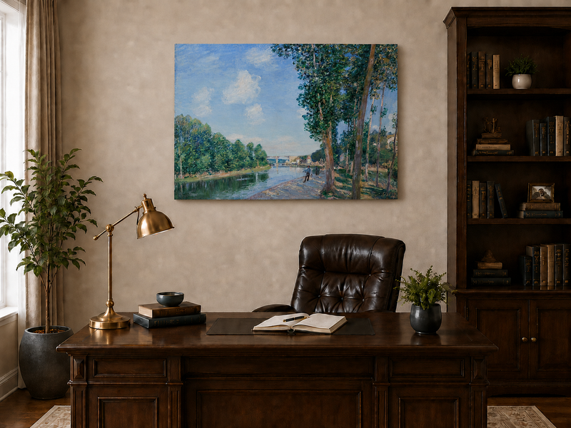Landscape Oil Painting - Riverbank Path Tall Trees & Bridge