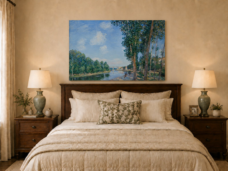 Landscape Oil Painting - Riverbank Path Tall Trees & Bridge