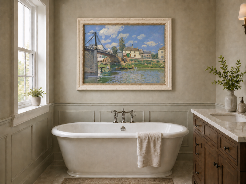 Landscape Oil Painting - Village Bridge Over River Summer Light