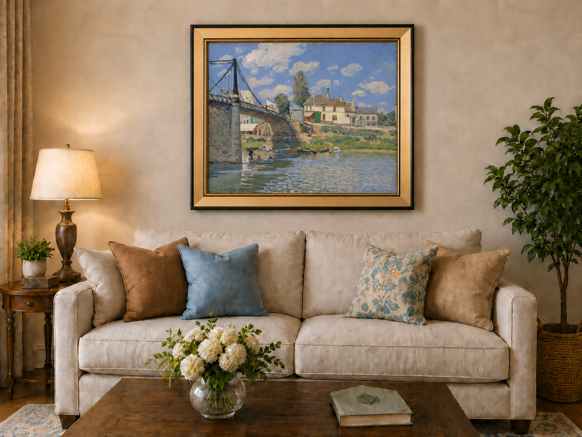 Landscape Oil Painting - Village Bridge Over River Summer Light