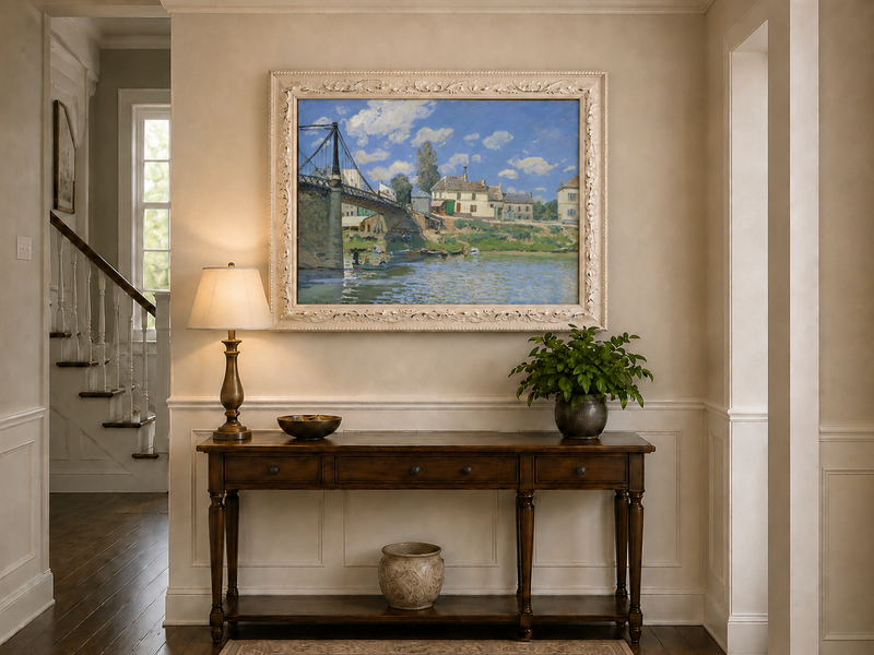 Landscape Oil Painting - Village Bridge Over River Summer Light