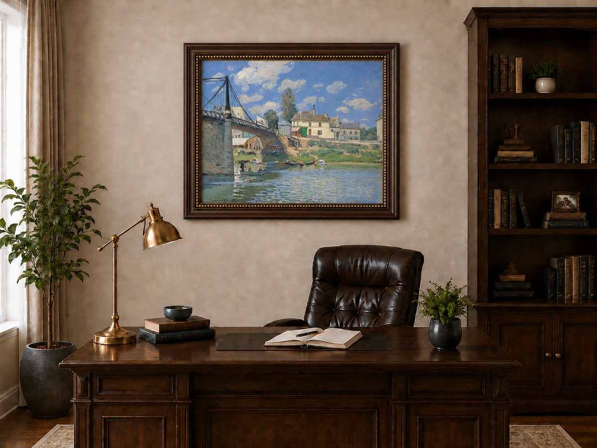 Landscape Oil Painting - Village Bridge Over River Summer Light