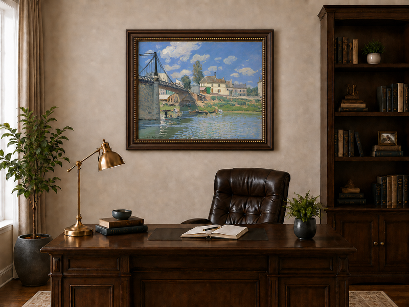 Landscape Oil Painting - Village Bridge Over River Summer Light