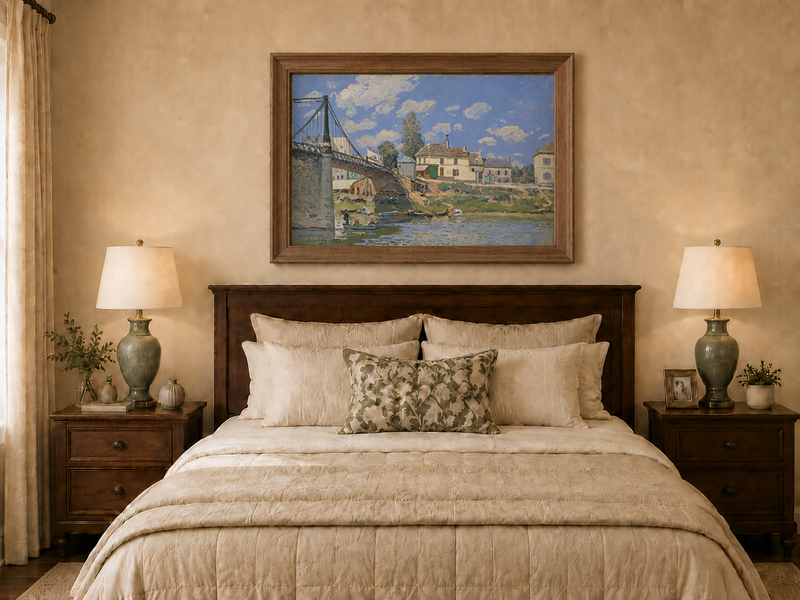 Landscape Oil Painting - Village Bridge Over River Summer Light