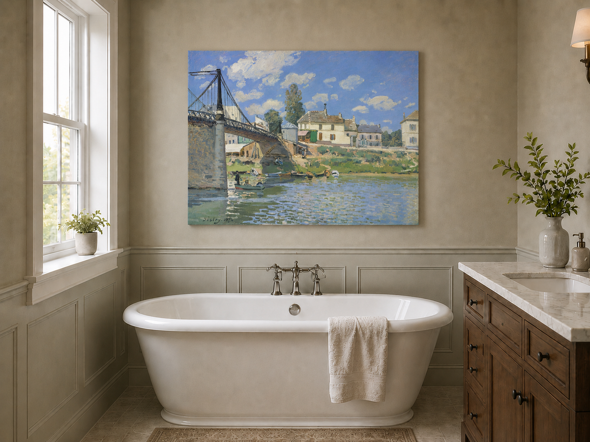Landscape Oil Painting - Village Bridge Over River Summer Light