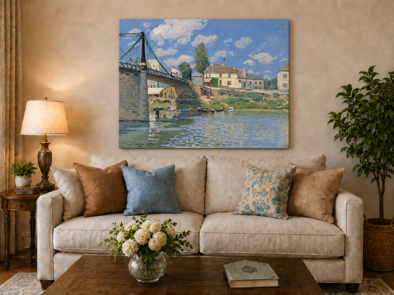 Landscape Oil Painting - Village Bridge Over River Summer Light