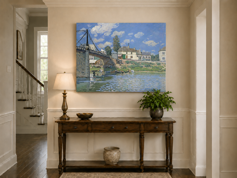 Landscape Oil Painting - Village Bridge Over River Summer Light