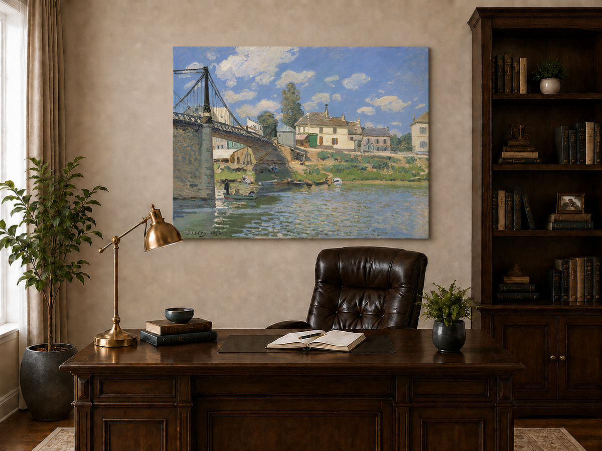 Landscape Oil Painting - Village Bridge Over River Summer Light