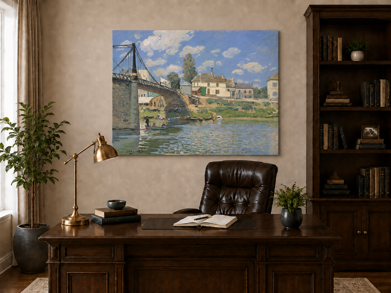 Landscape Oil Painting - Village Bridge Over River Summer Light