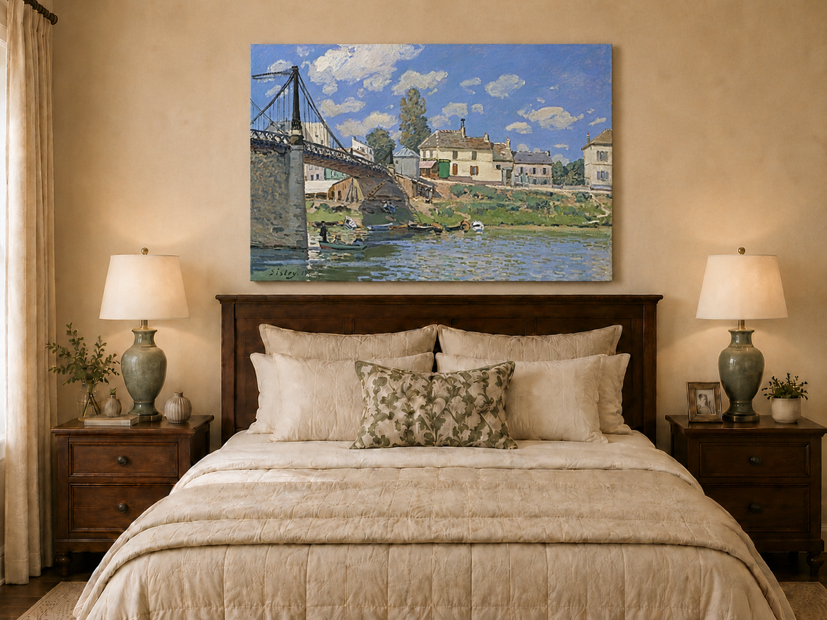 Landscape Oil Painting - Village Bridge Over River Summer Light