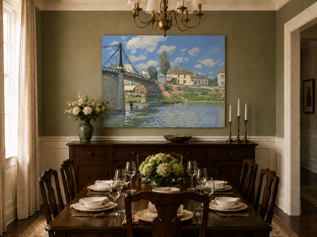 Landscape Oil Painting - Village Bridge Over River Summer Light