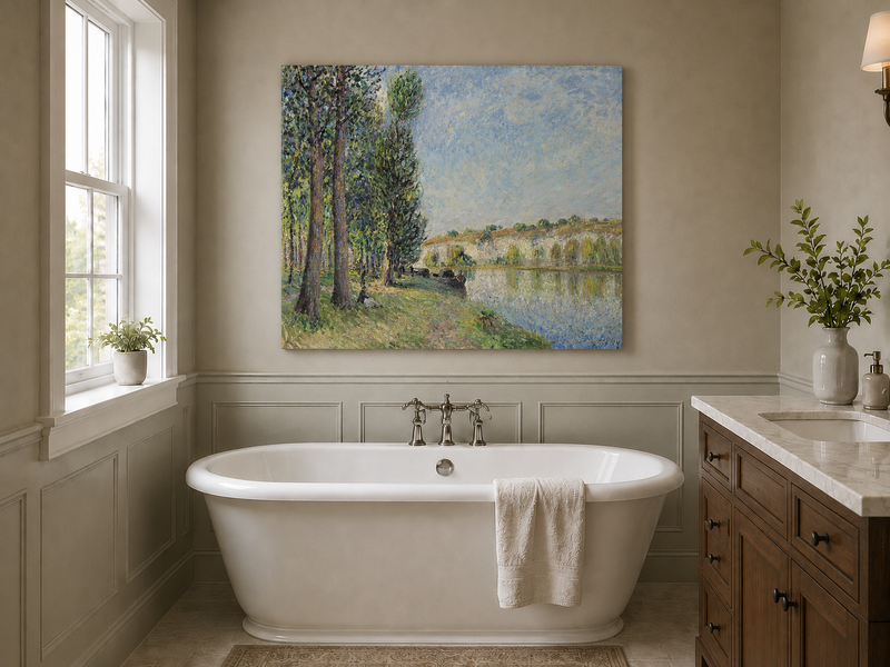 Landscape Oil Painting - Riverbank Trees and Cliffs in Soft Light
