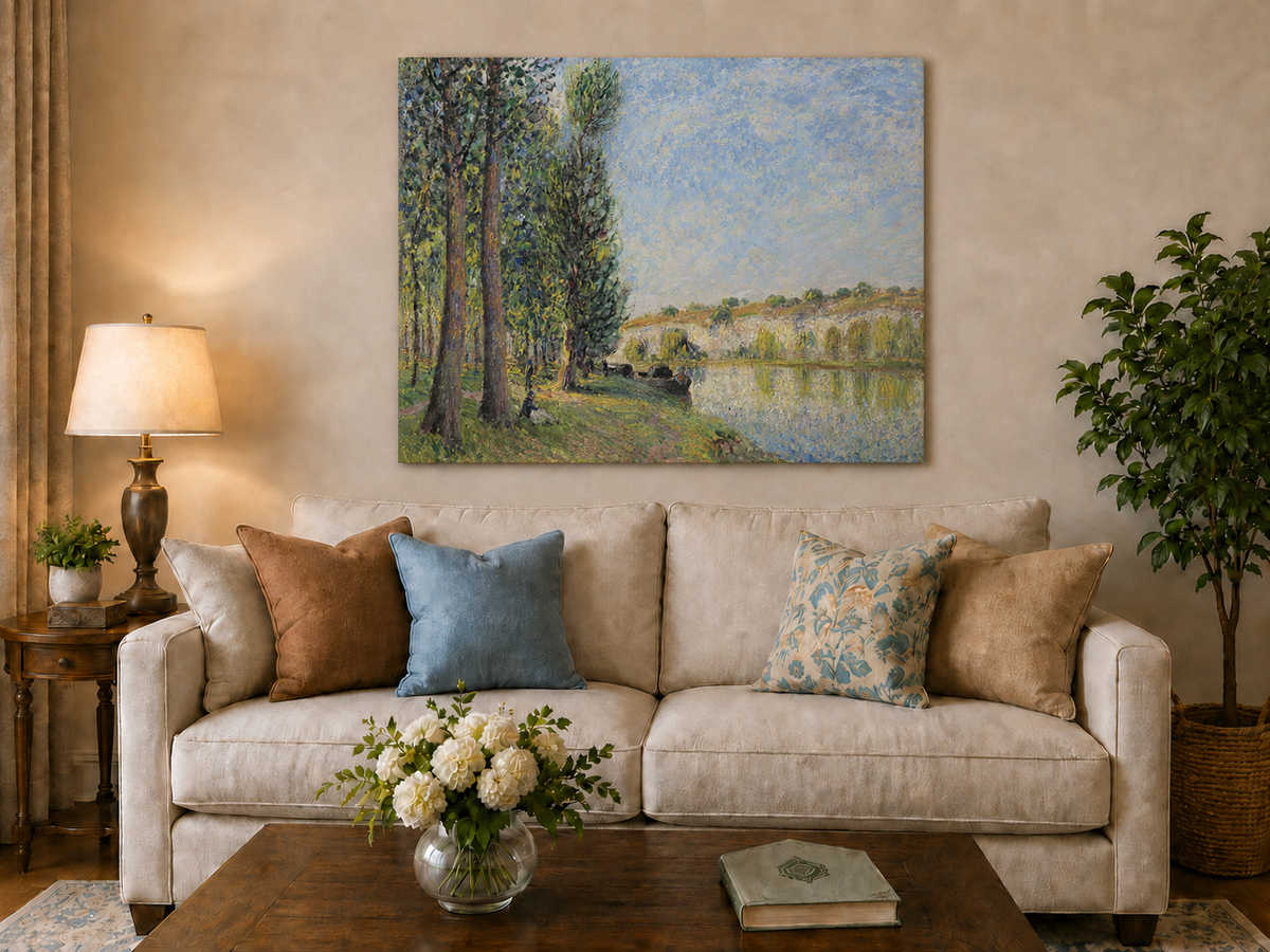 Landscape Oil Painting - Riverbank Trees and Cliffs in Soft Light