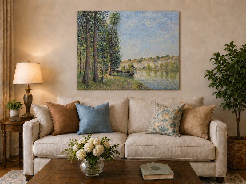 Landscape Oil Painting - Riverbank Trees and Cliffs in Soft Light