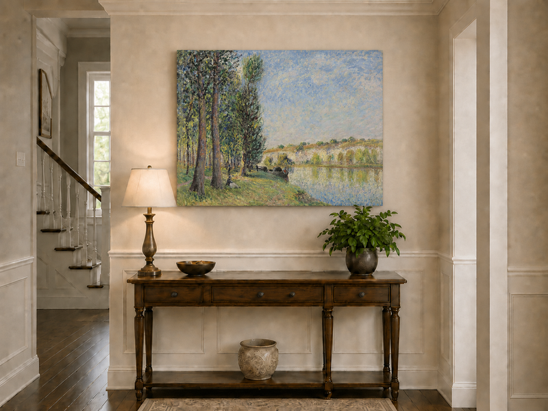 Landscape Oil Painting - Riverbank Trees and Cliffs in Soft Light