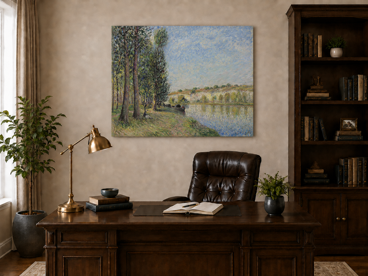 Landscape Oil Painting - Riverbank Trees and Cliffs in Soft Light