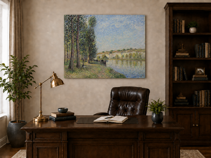 Landscape Oil Painting - Riverbank Trees and Cliffs in Soft Light