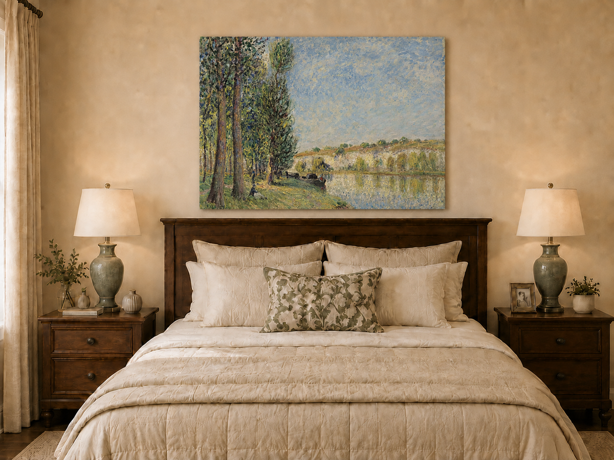 Landscape Oil Painting - Riverbank Trees and Cliffs in Soft Light